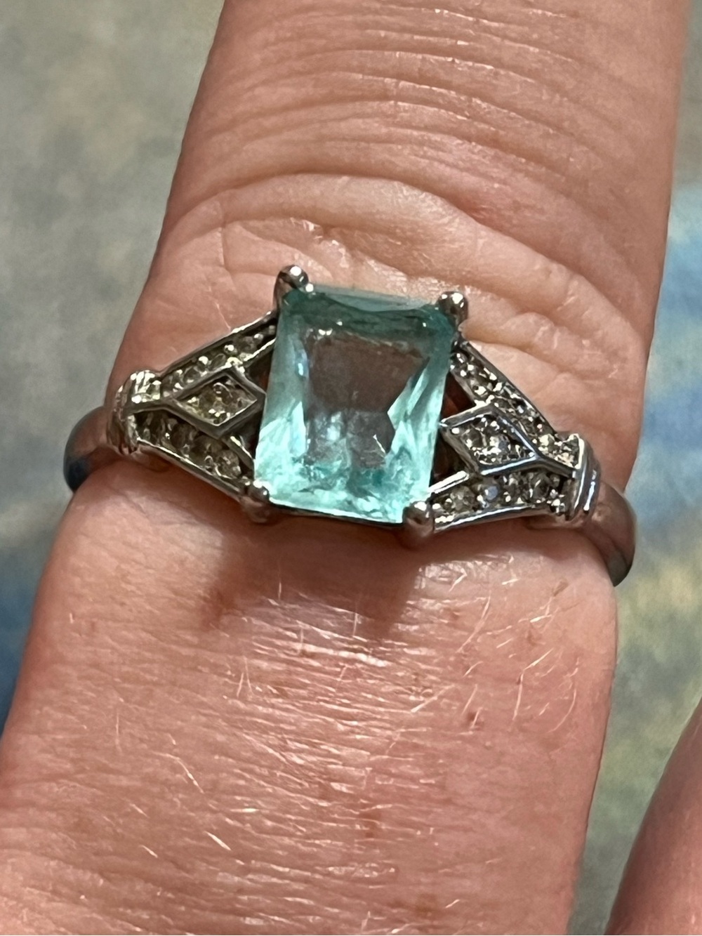 Vintage Sterling Silver 925 Aquamarine Cubic Zirconia Cocktail Ring - Size 9